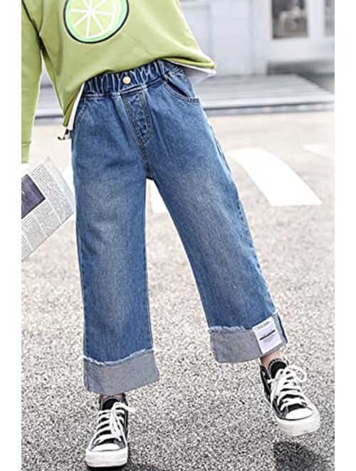 Happy Cherry Kids Girls Ripped Jeans Baggy Wide Leg Distressed Denim Pants for All Seasons