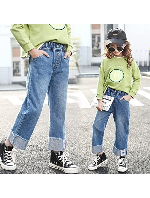 Happy Cherry Kids Girls Ripped Jeans Baggy Wide Leg Distressed Denim Pants for All Seasons