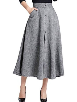 Woman's Vintage High Waist Front Button Long Skirt with Pockets