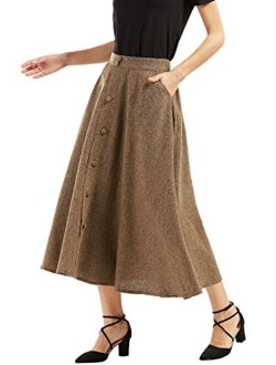 Woman's Vintage High Waist Front Button Long Skirt with Pockets