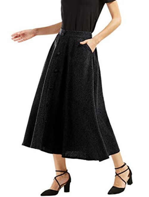 chouyatou Woman's Vintage High Waist Front Button Long Skirt with Pockets