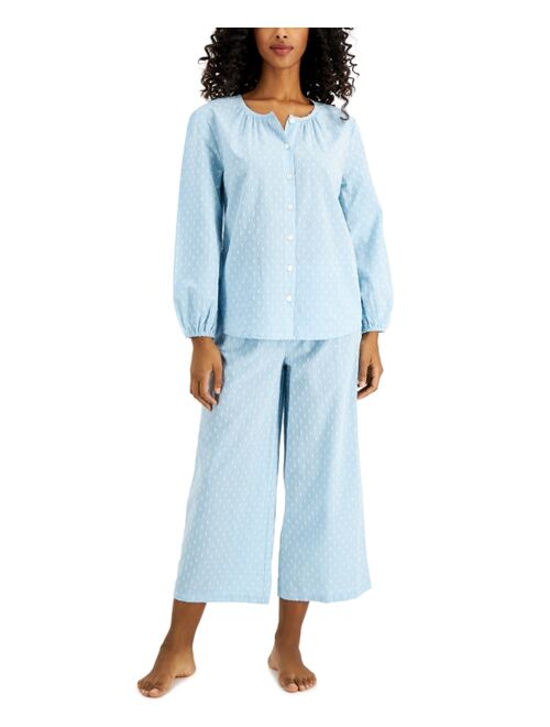 Charter Club Cotton Swiss Dot Cropped Wide-Leg Pajama Set, Created for Macy's