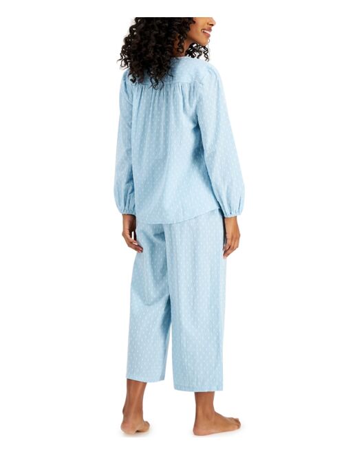 Charter Club Cotton Swiss Dot Cropped Wide-Leg Pajama Set, Created for Macy's