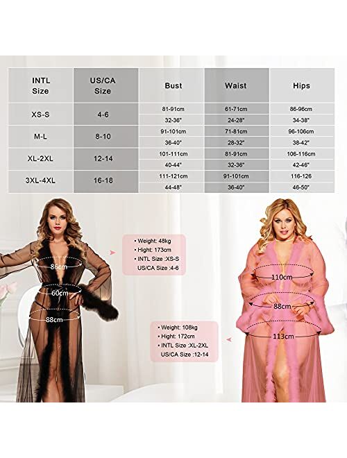 ohyeahlady Women Lingerie Robe Long Sheer Kimono Robe Nightgown Bridal Robe with Fur M-5XL