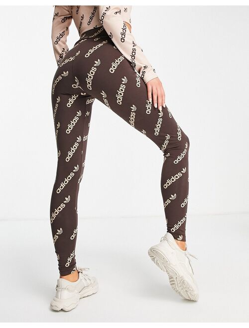 adidas Originals 'Logomania' repeat logo leggings in brown