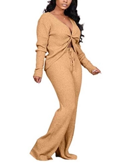 Womens Sexy 2 Piece Jumpsuit Outfit Ribbed Reversible V Neck Long Sleeve Top and Wide Leg Pant Set