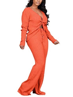 Womens Sexy 2 Piece Jumpsuit Outfit Ribbed Reversible V Neck Long Sleeve Top and Wide Leg Pant Set