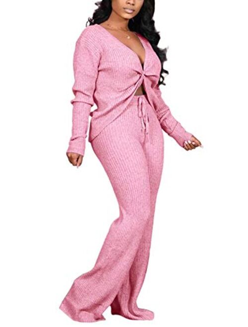 Aro Lora Womens Sexy 2 Piece Jumpsuit Outfit Ribbed Reversible V Neck Long Sleeve Top and Wide Leg Pant Set
