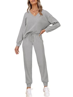 PIIRESO Women's V Neck Waffle Knit 2 Piece Outfits Long Sleeve Top and Pants Loungewear Jogger Sets Pockets