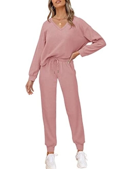 PIIRESO Women's V Neck Waffle Knit 2 Piece Outfits Long Sleeve Top and Pants Loungewear Jogger Sets Pockets