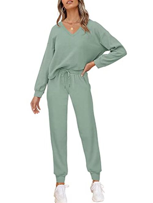 PIIRESO Women's V Neck Waffle Knit 2 Piece Outfits Long Sleeve Top and Pants Loungewear Jogger Sets Pockets