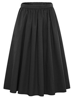 Women's Simple Back Elastic Waist A-Line Flared Midi Skirts-Pocket