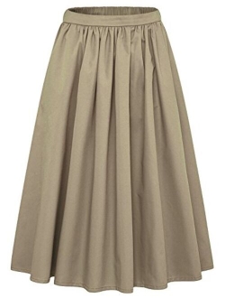 Women's Simple Back Elastic Waist A-Line Flared Midi Skirts-Pocket