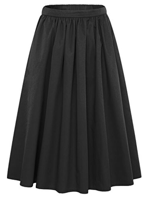 chouyatou Women's Simple Back Elastic Waist A-Line Flared Midi Skirts-Pocket