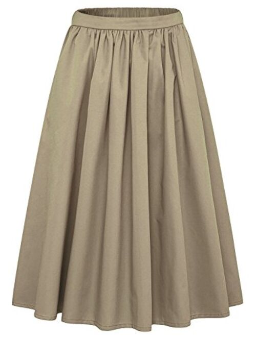 chouyatou Women's Simple Back Elastic Waist A-Line Flared Midi Skirts-Pocket