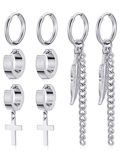 Ofeiyaa 4 Pairs Stainless Steel Cross Dangle Hinged Hoop Earrings Huggie Earrings Piercing CZ Stud for Men Women Silver Gold Black Tone