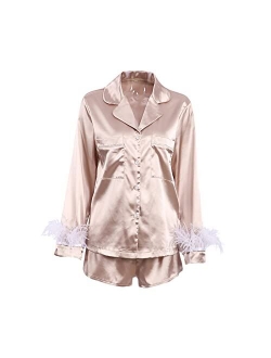 Women Feather Silk Satin Sleepwear Pajamas Set Long Sleeve Button Down Shirts and Shorts 2 Piece Pjs Nightwear