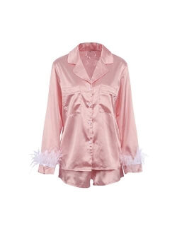 Women Feather Silk Satin Sleepwear Pajamas Set Long Sleeve Button Down Shirts and Shorts 2 Piece Pjs Nightwear