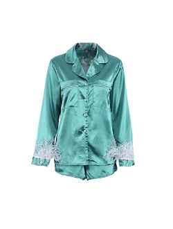 Women Feather Silk Satin Sleepwear Pajamas Set Long Sleeve Button Down Shirts and Shorts 2 Piece Pjs Nightwear