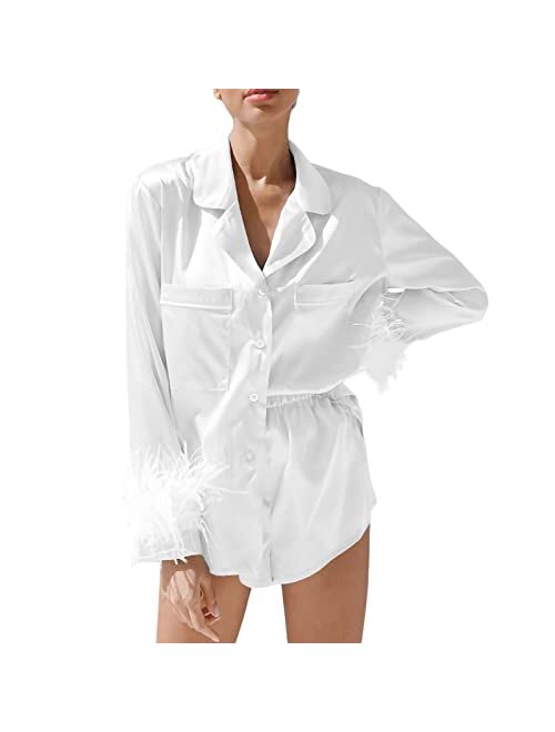 Multitrust Women Feather Silk Satin Sleepwear Pajamas Set Long Sleeve Button Down Shirts and Shorts 2 Piece Pjs Nightwear