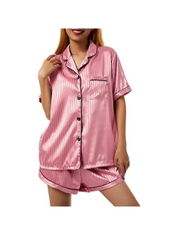 Women Striped Satin Sleepwear Pjs Short Sleeve Button Down Shirts and Shorts 2 Piece Pajamas Set