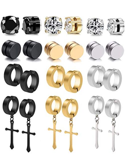 WAINIS 12 Pairs Stainless Steel Non Pierced Magnetic Earrings for Men Women CZ Clip on Dangle Earrings Set