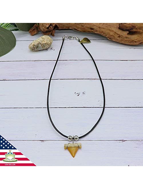 FROG SAC Natural Shark Tooth Necklace for Boys, Genuine Fossil Shark Teeth Jewelry Surfer Necklace, Cool Beach Necklaces for Men, Teen Girls Leather Cord Shark Necklace, 