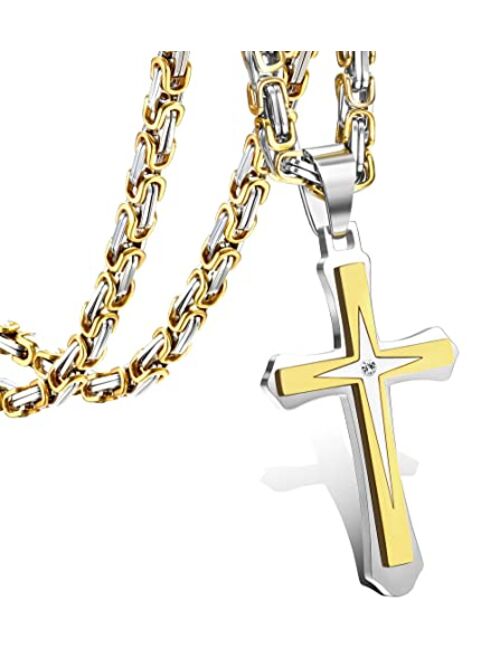 LOLIAS 5MM Stainless Steel Cross Necklace for Men Byzantine Chain Necklace, 22-30 Inches