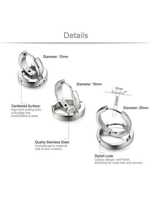 Jstyle 3Pairs Stainless Steel Mens Womens Hoop Earrings Huggie Ear Piercings Hypoallergenic 12/16/20mm