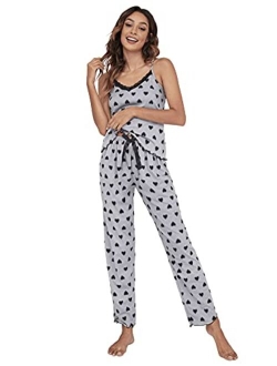 Women's Sleepwear Spaghetti Strap Lace Trim Top with Plaid Pants Pajamas Set