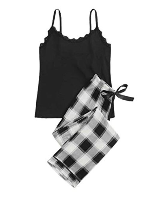 SweatyRocks Women's Sleepwear Spaghetti Strap Lace Trim Top with Plaid Pants Pajamas Set