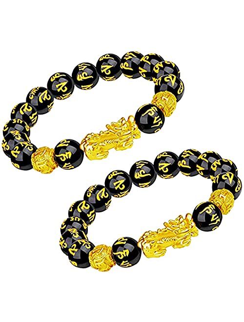 Feng Shui Black Obsidian Wealth Bracelet, Feng Shui Pi Xiu 12mm Black Hand Carved Mantra Adjustable Elastic Bead Bracelet for Men Women Attract Wealth Money Feng Shui Bra