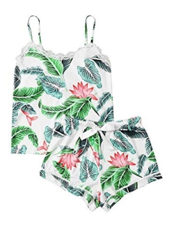 Women's Sleepwear Set Tropical Print Cami Top and Elastic Waist Short Pajama Set