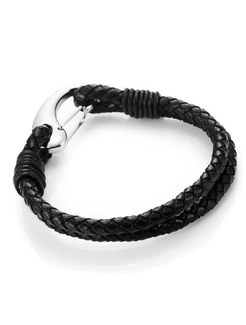 Urban Jewelry Braided Black Genuine Leather Bracelet with Locking Stainless Steel Clasp (Black, Silver, Length 8")