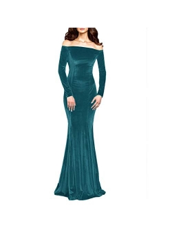 TTYbridal Off The Shoulder Velvet Mermaid Evening Gown Long Prom Party Dresses with Long Sleeves