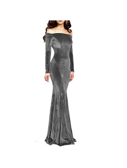 TTYbridal Off The Shoulder Velvet Mermaid Evening Gown Long Prom Party Dresses with Long Sleeves