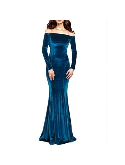 TTYbridal Off The Shoulder Velvet Mermaid Evening Gown Long Prom Party Dresses with Long Sleeves