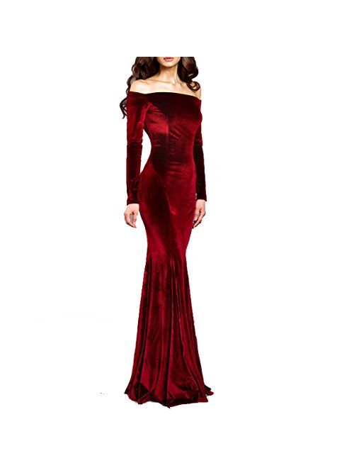 TTYbridal Off The Shoulder Velvet Mermaid Evening Gown Long Prom Party Dresses with Long Sleeves