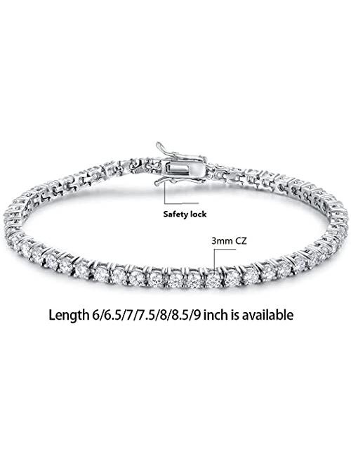 GMESME 18K White Gold Plated 3.0mm Cubic Zirconia Classic Tennis Bracelet 6/6.5/7/7.5/8/8.5/9 Inch