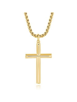 FANCIME Yellow/White Gold Plated 925 Solid Sterling Silver Polished Big Beveled Edge Men's Crucifix Cross Pendant Long Necklace Fine Jewelry For Men Boys, With Strong Sta