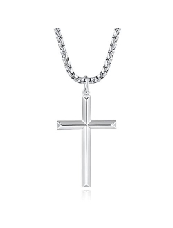 FANCIME Yellow/White Gold Plated 925 Solid Sterling Silver Polished Big Beveled Edge Men's Crucifix Cross Pendant Long Necklace Fine Jewelry For Men Boys, With Strong Sta