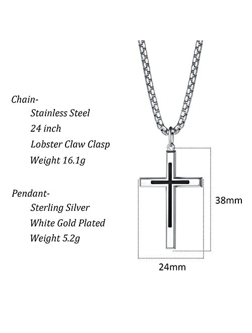 FANCIME Yellow/White Gold Plated 925 Solid Sterling Silver Polished Big Beveled Edge Men's Crucifix Cross Pendant Long Necklace Fine Jewelry For Men Boys, With Strong Sta