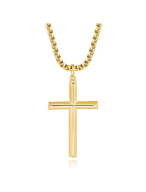 FANCIME Yellow/White Gold Plated 925 Solid Sterling Silver Polished Big Beveled Edge Men's Crucifix Cross Pendant Long Necklace Fine Jewelry For Men Boys, With Strong Sta