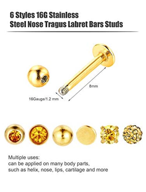 6PairsNoseStudsTragusEarringsLipRingsDiamondStainlessSteelLabretBarsCrystalBodyPiercingJewelry,6Designs,16Gauge