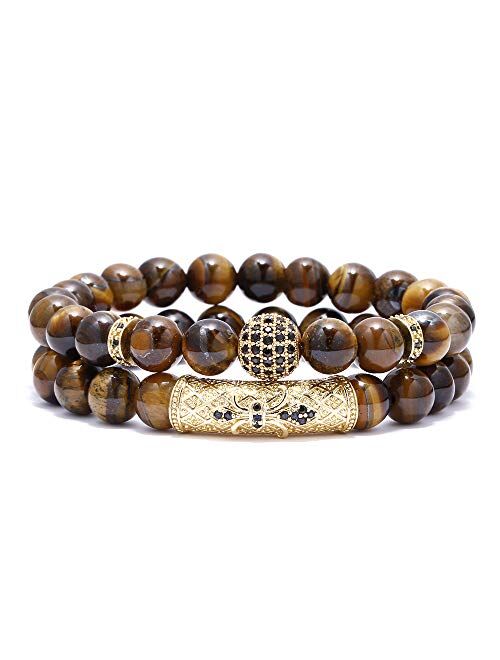 BOMAIL 8mm Tiger Eye Stone Beads Bracelet Elastic Natural Stone Yoga Bracelet for Women Men