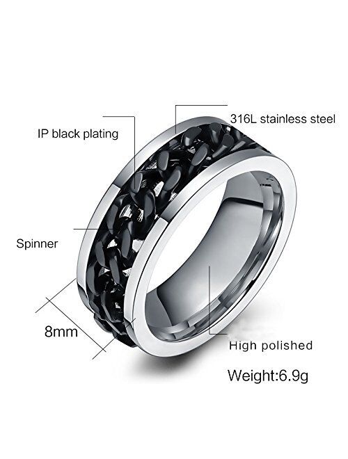 FANSING Mens Spinner Rings, Fidget Ring, Stainless Steel Band, Black, Silver, Multi, Size 6-15