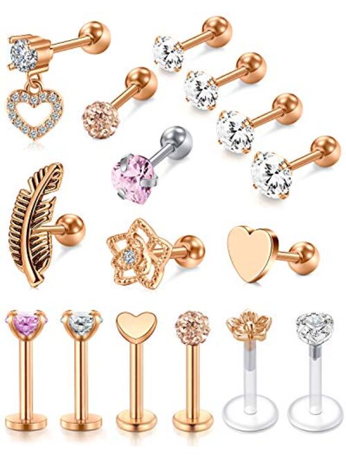 Briana Williams 16G Tragus Earrings for Women Stainless Steel Cartilage Earring Forward Helix Piercing Jewelry Lip Rings 16 Gauge Stud Earring for Helix Cartilage Tragus 