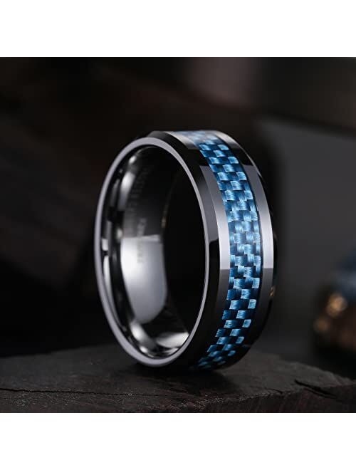 King Will GENTLEMAN 8mm Black/Blue Carbon Fiber Tungsten Carbide Wedding Band Ring For Men Carbon Fiber Inlay Polished Finish Comfort Fit