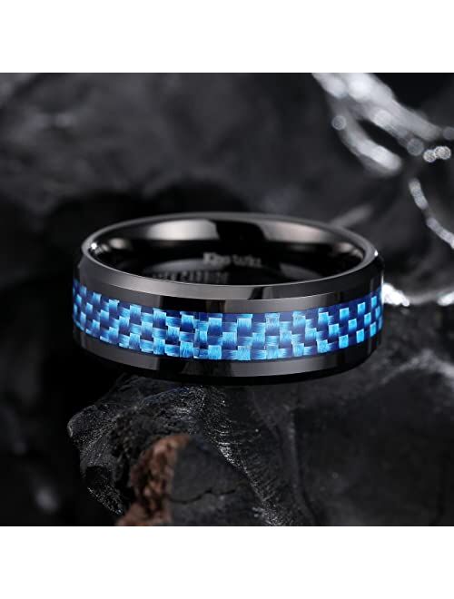 King Will GENTLEMAN 8mm Black/Blue Carbon Fiber Tungsten Carbide Wedding Band Ring For Men Carbon Fiber Inlay Polished Finish Comfort Fit