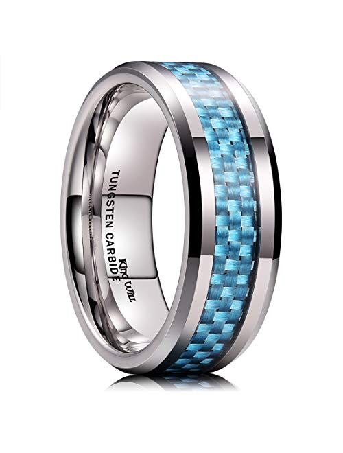 King Will GENTLEMAN 8mm Black/Blue Carbon Fiber Tungsten Carbide Wedding Band Ring For Men Carbon Fiber Inlay Polished Finish Comfort Fit